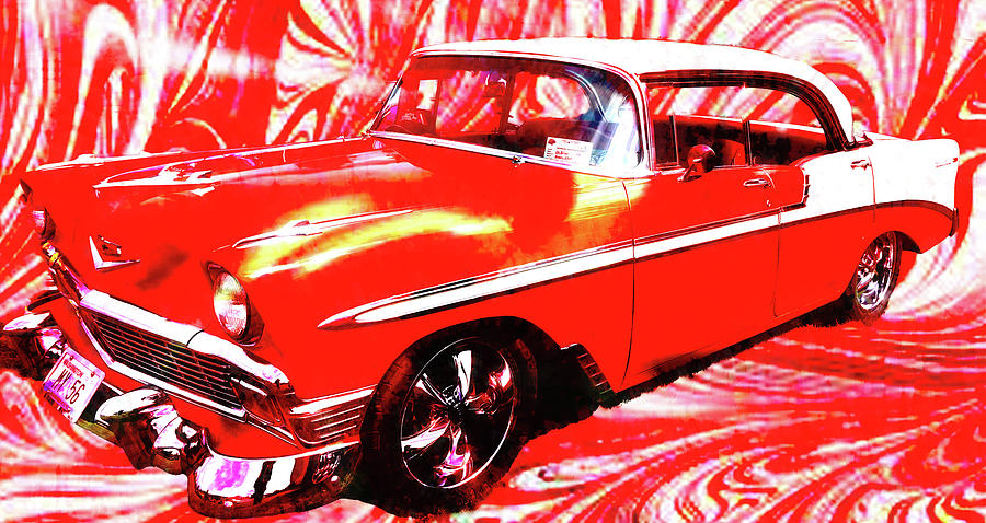 Red and white car on swirly background Photograph by Cathy Anderson
