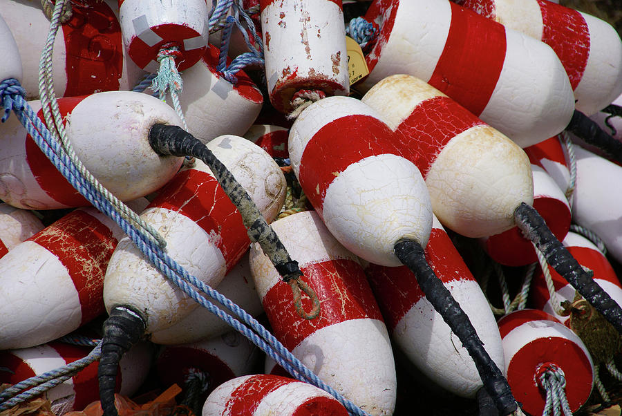 Red and white crab floats Photograph by Steve Estvanik