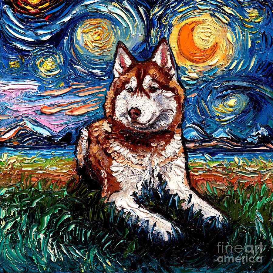 Red and White Husky Night Painting by Aja Trier