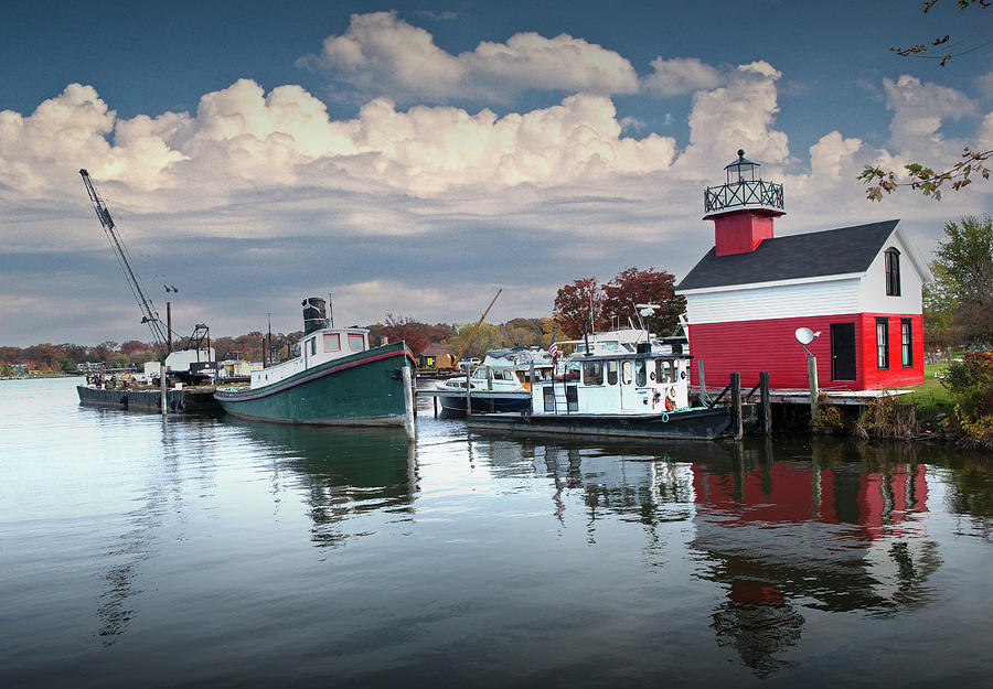 Red and White Lighthouse with Tugboat in Douglas, Michigan  Photograph by Randall Nyhof