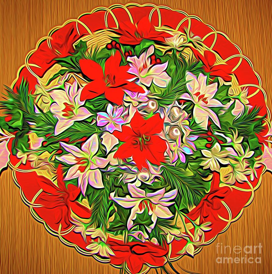 Red and White Poinsettias Christmas Wreath Abstract Expressionism Effect Photograph by Rose Santuci-Sofranko