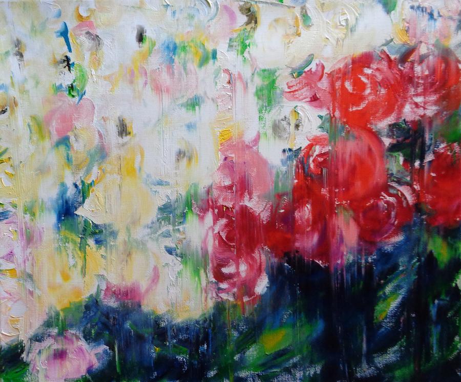 Red and white roses in the garden after the rain Painting by Kirill ...