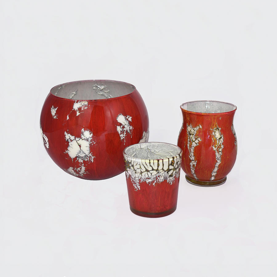 Red and white set of Three Glass Art by Christopher Schranck