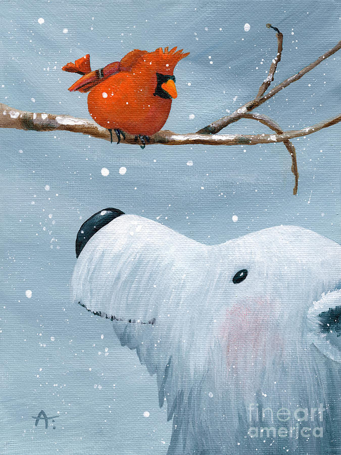 Red and Whitey - Cardinal and Polar Bear Winter Painting Painting by Annie Troe