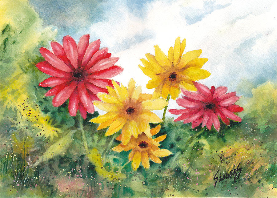 Red And Yellow Daisies Painting by Sam Sidders