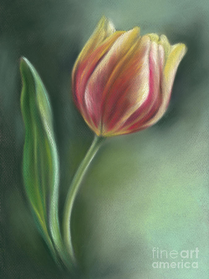 Red and Yellow Tulip with Leaf Painting by MM Anderson