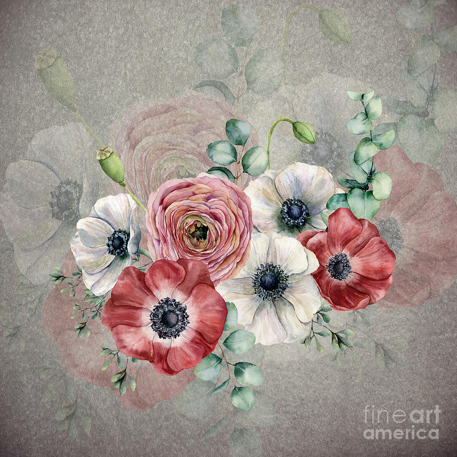 Red Anemone and Eucalyptus Digital Art by J Marielle