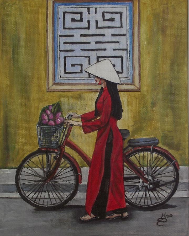 Bicycle Painting - Red Ao Dai by Kim Selig