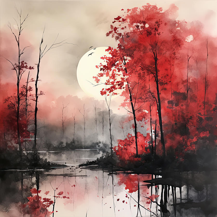 Red Autumn Rhapsody - Dreamy Red and Gray Autumn Impressionist Forest Painting by Lourry Legarde