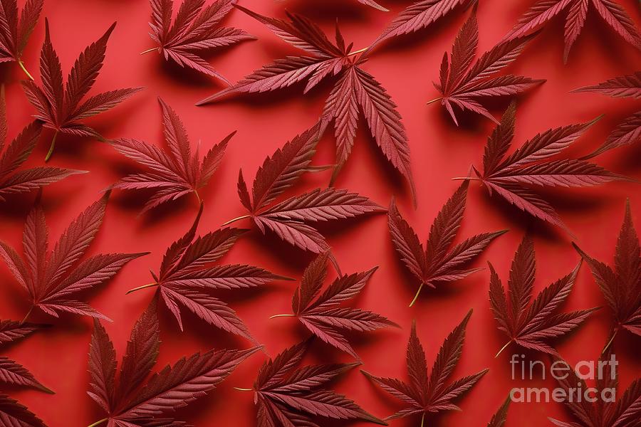 Red background with pattern of images of marijuana leaves. Photograph by Joaquin Corbalan