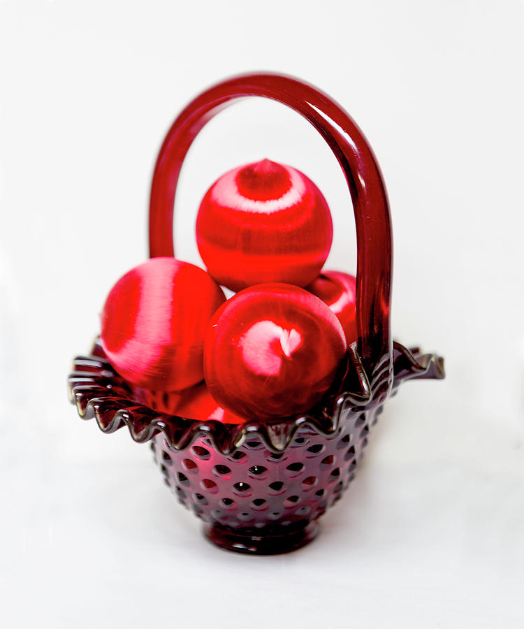 Red Balls In A Red Glass Basket Photograph by Her Arts Desire