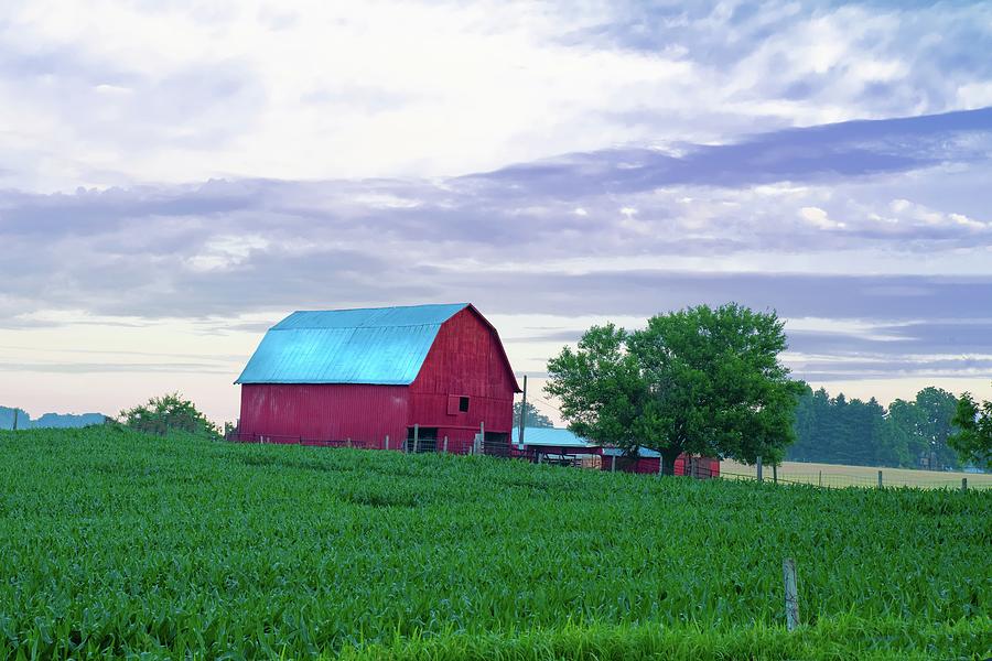 Red Barn and corn field in early moring-Fulton County, Indiana ...