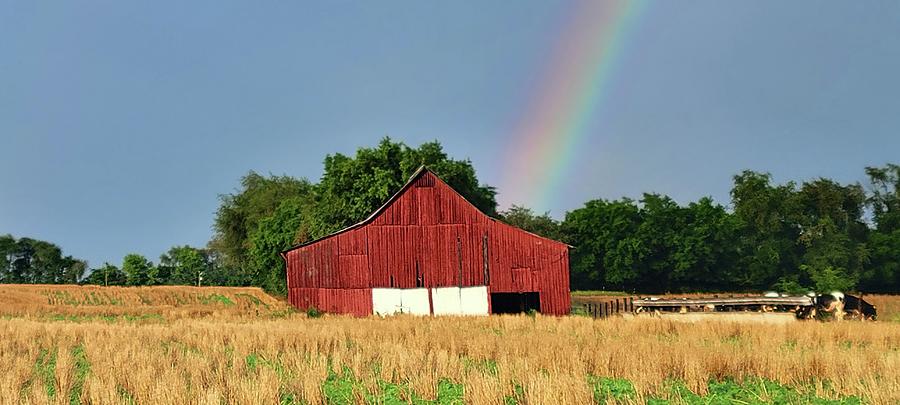 Red Barn And Rainbow Photograph