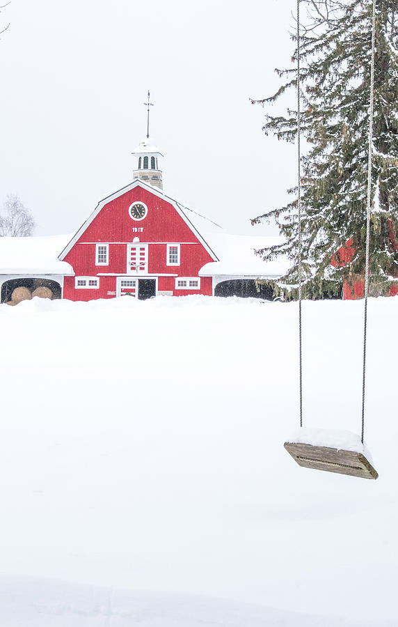 Red Barn and Swing in the Snow Part 2 Photograph by Sally Cooper