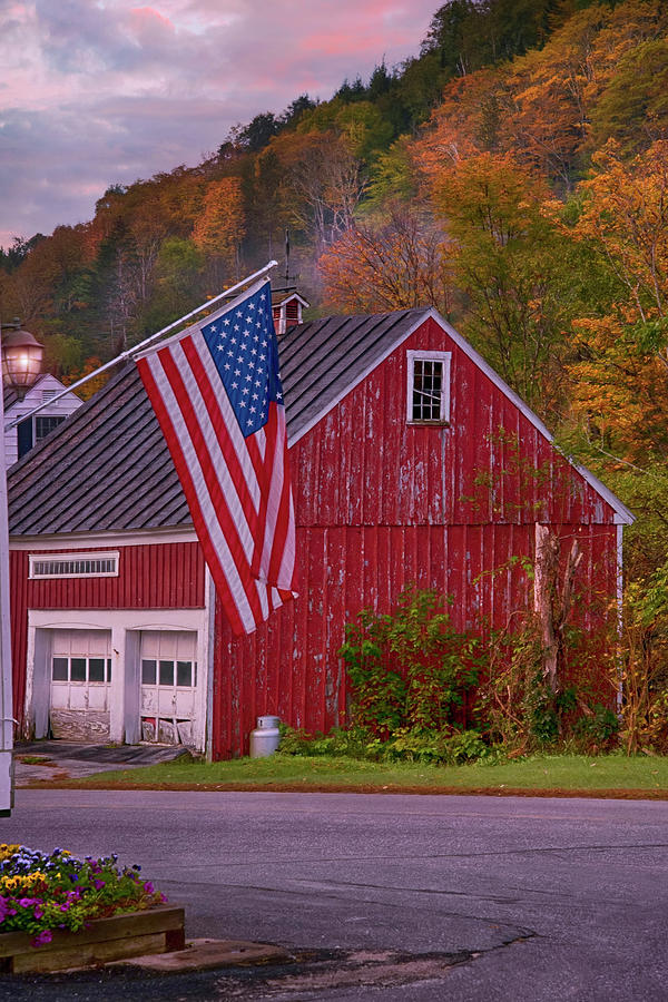 Red Barn And The Us Flag - Topsham, Vt. Photograph
