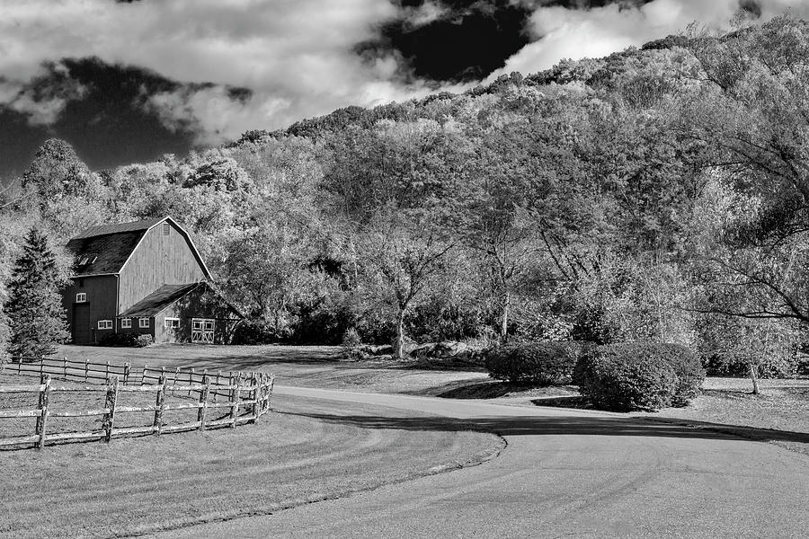 Red Barn Around Fall Foliage BW Photograph by Susan Candelario