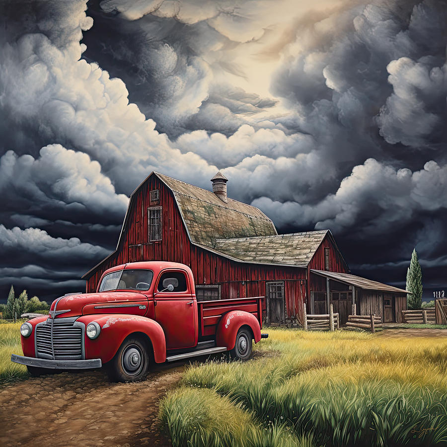 Red Barn Art - Old Red Truck and Red Barn Painting by Lourry Legarde