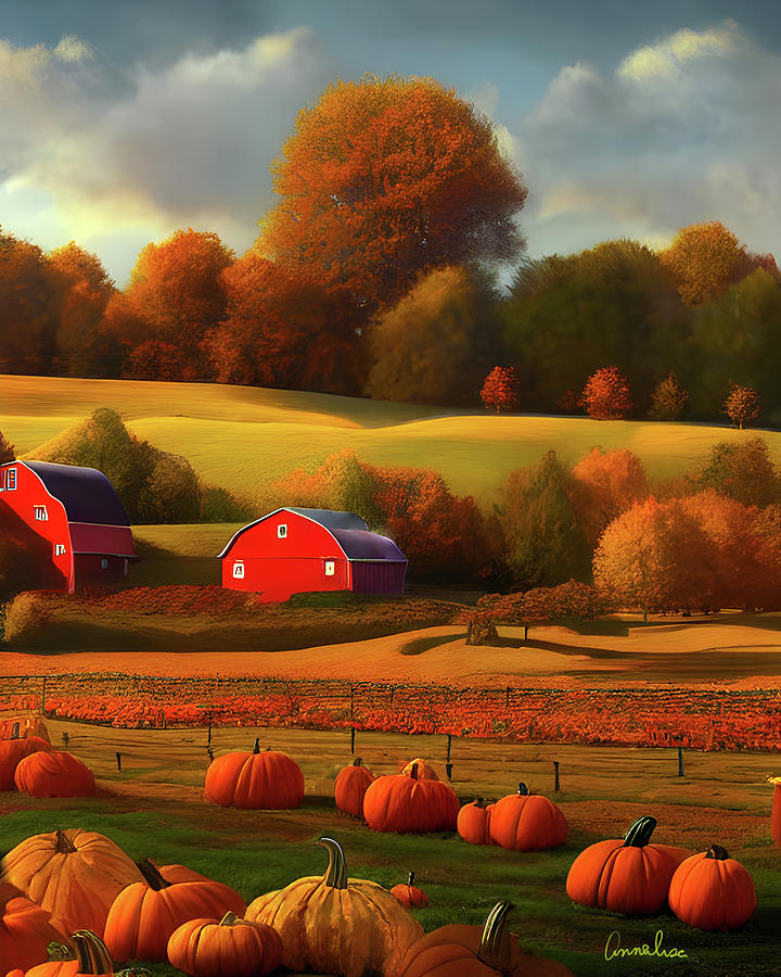 Red Barn, Fall Pumpkins Digital Art by Annalisa Rivera-Franz