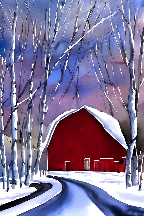 Red Barn II - rural life, first snowfall Painting by Bonnie Bruno