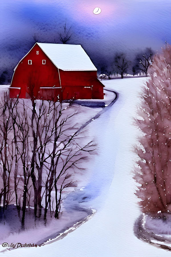 Red Barn III - rural life, winter farm Painting by Bonnie Bruno