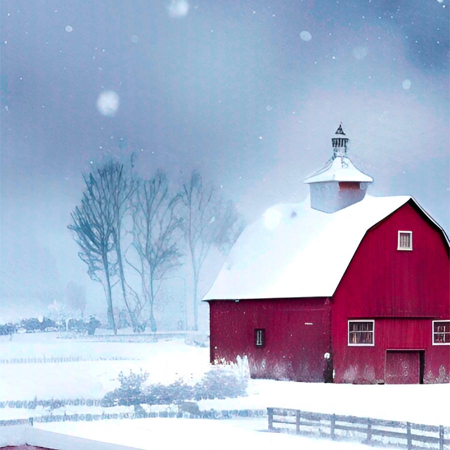 Red Barn in a snowstorm Mixed Media by Bonnie Bruno