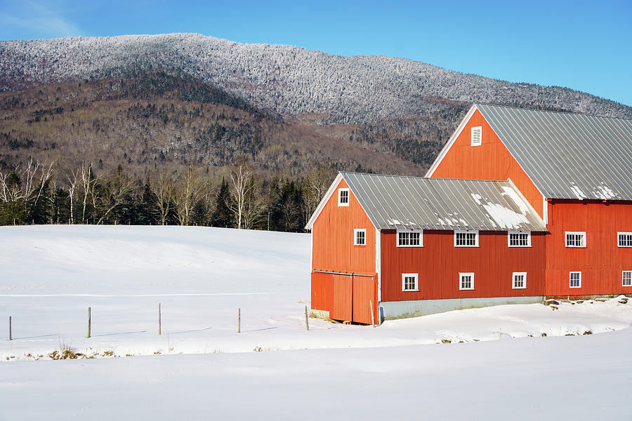 Red Barn In Fresh Snow With Mountain Background - Columbia, New Hampshire Photograph by John Rowe