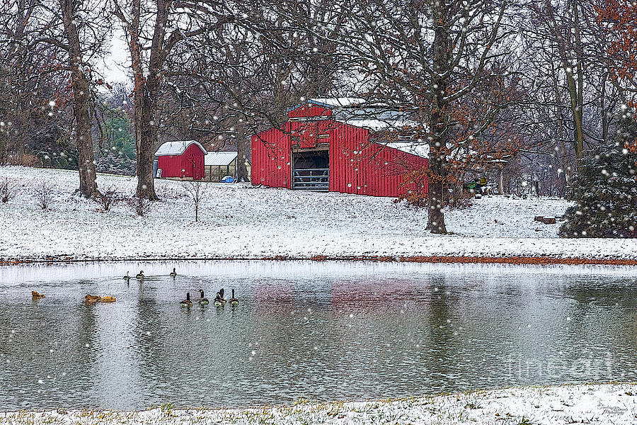 Red Barn In Snow Painterly Mixed Media by Jennifer White