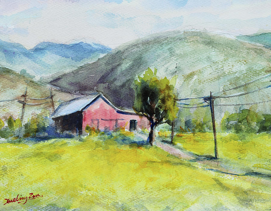 Red Barn in Spring Mustard Field California Painting by Xueling Zou