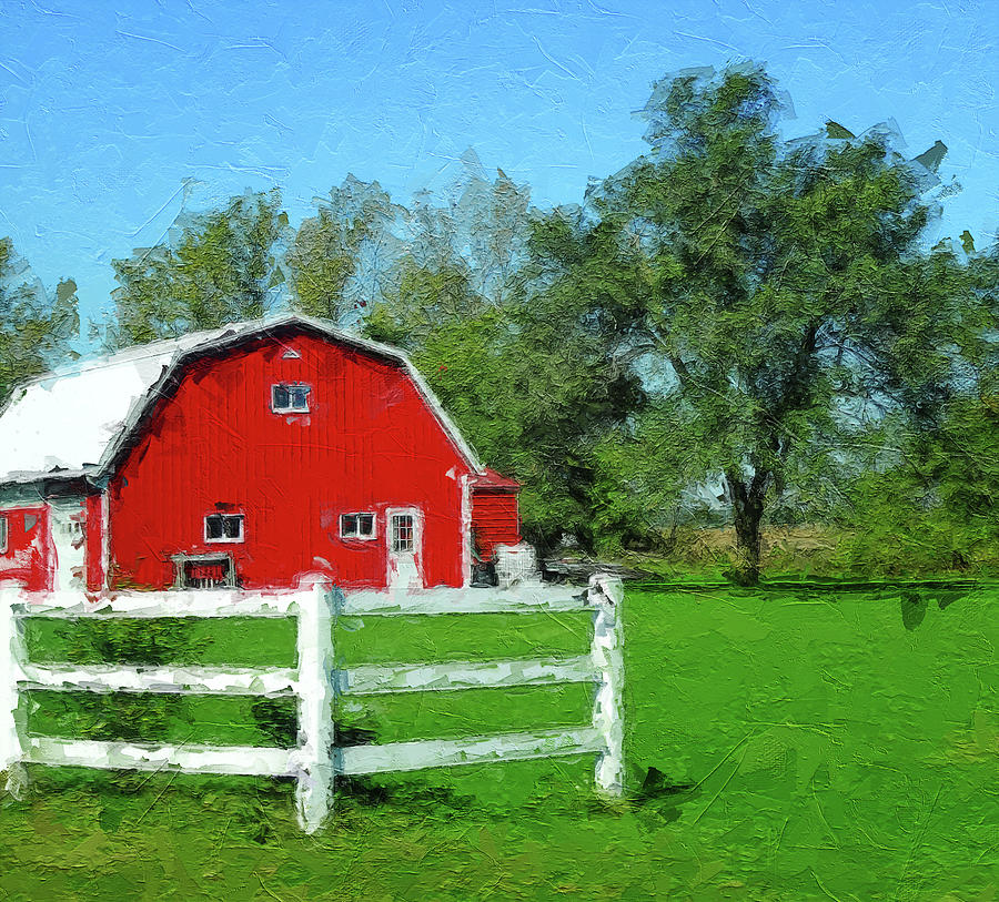 Red Barn In Summer Blue Sky Painting by Dan Sproul