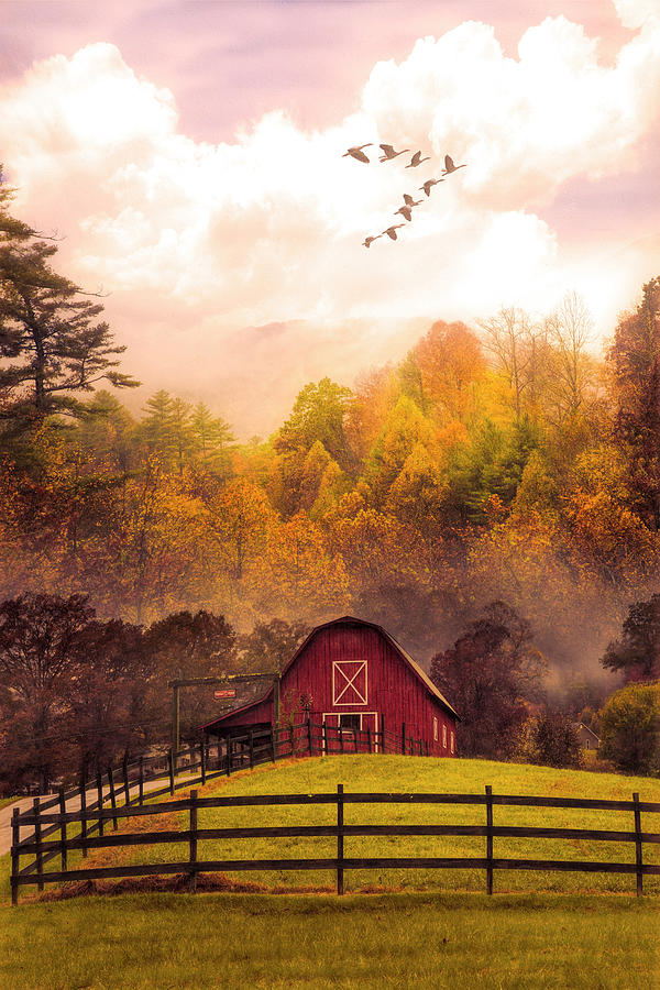 Red Barn in the Autumn Mist Photograph by Debra and Dave Vanderlaan