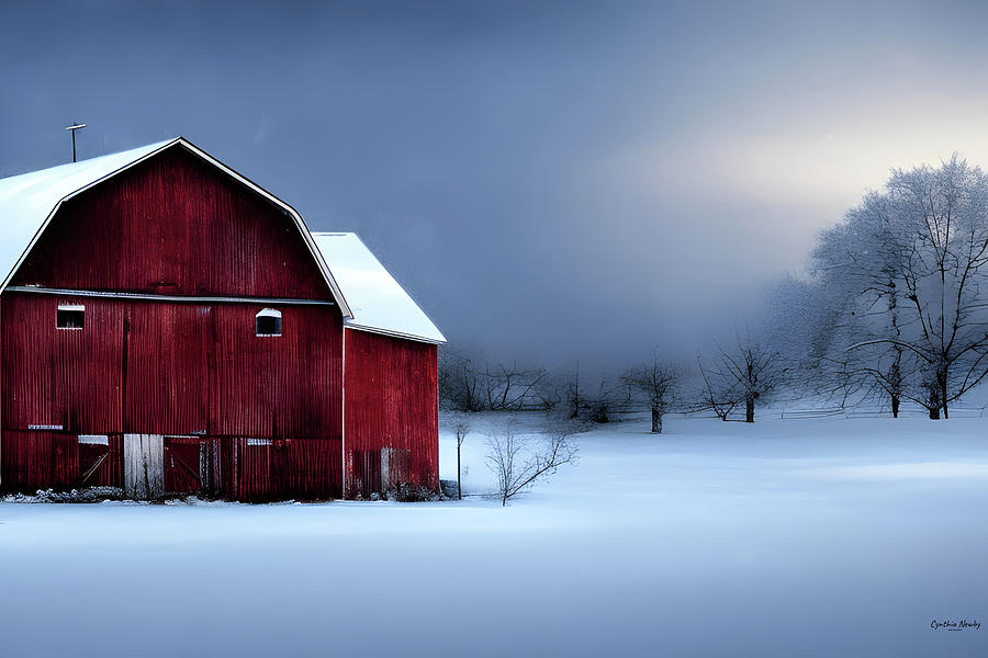 Red Barn in the Snow Digital Art by Cindys Creative Corner