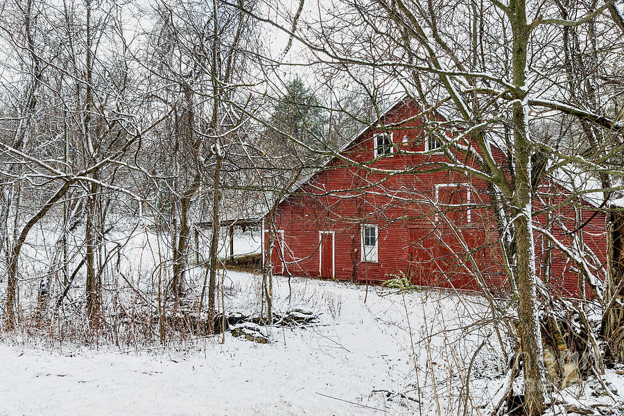 Red Barn In The Snow Photograph by Jennifer White