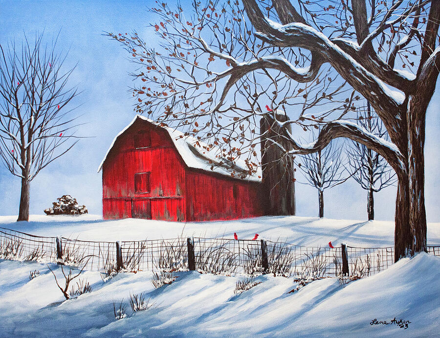 Red Barn in Winter Painting by Lena Auxier