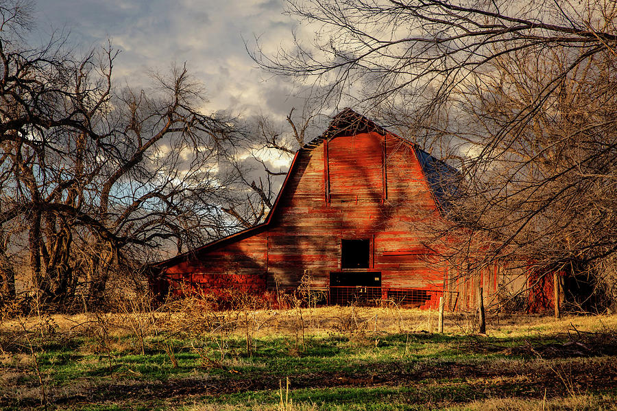 Red Barn - Old Barn Sits In Shadows Of Trees On Autumn Day In Oklahoma Photograph