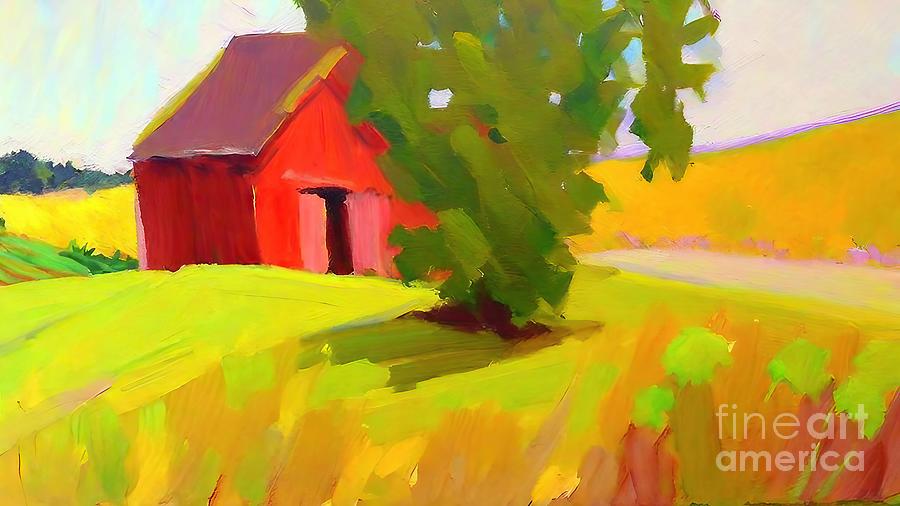 Abstract Painting - Red Barn Painting barn rural charming colorful red barn landscape abstract acrylic art artistic artwork autumn background brush canvas charming colored colorful country countryside creative design by N Akkash