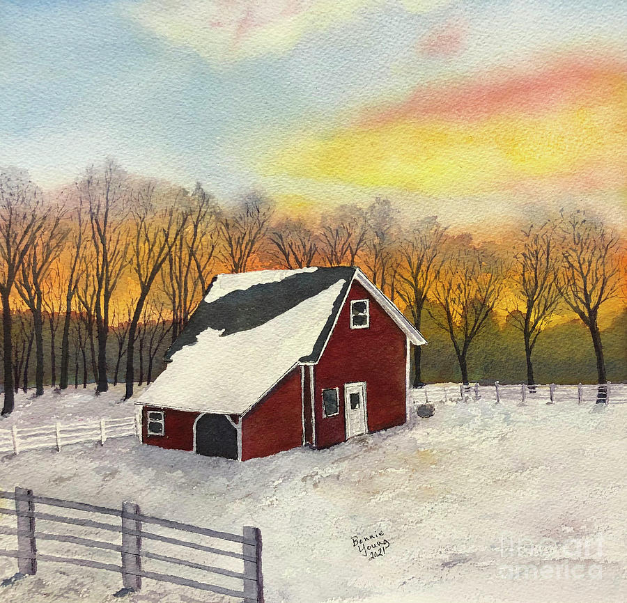 Red Barn Sunset Painting by Bonnie Young - Fine Art America