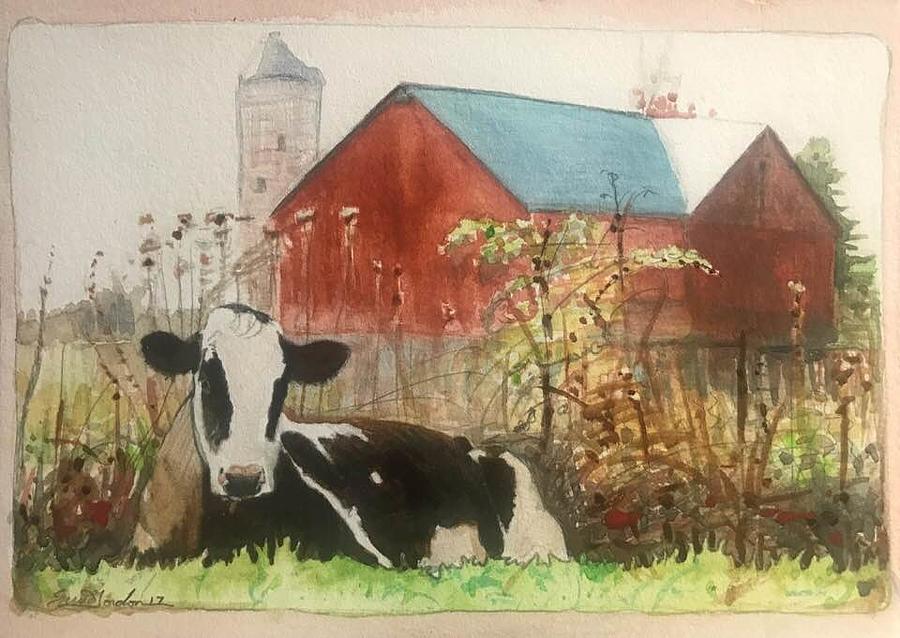 Cow Painting - Red Barn by Susie Gordon