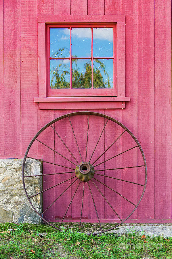 Red Barn Window and Wagon Wheel Photograph by Mark Roger Bailey