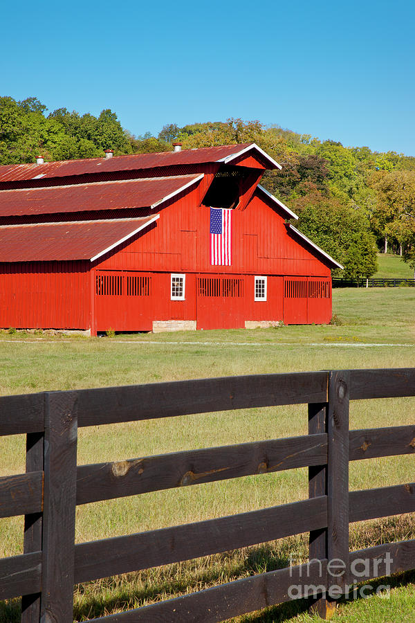 Red Barn With American Flag - Tennessee Photograph