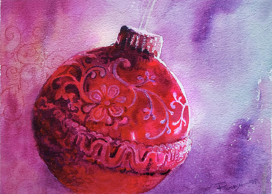 Christmas Painting - Red Bauble- Christmas decorations by Ramesh Nair