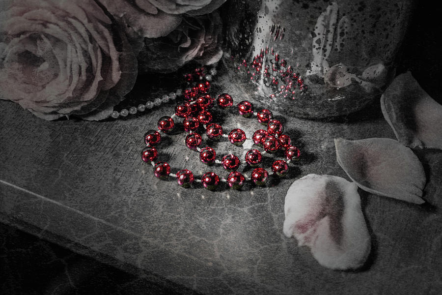 Still Life Photograph - Red Beads and Pink Roses by Sharon Popek
