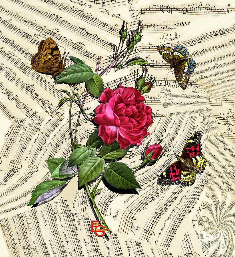 Musical art Musical collage of Red bengal rose with butterflies on the background of a musical score Mixed Media by Elena Gantchikova