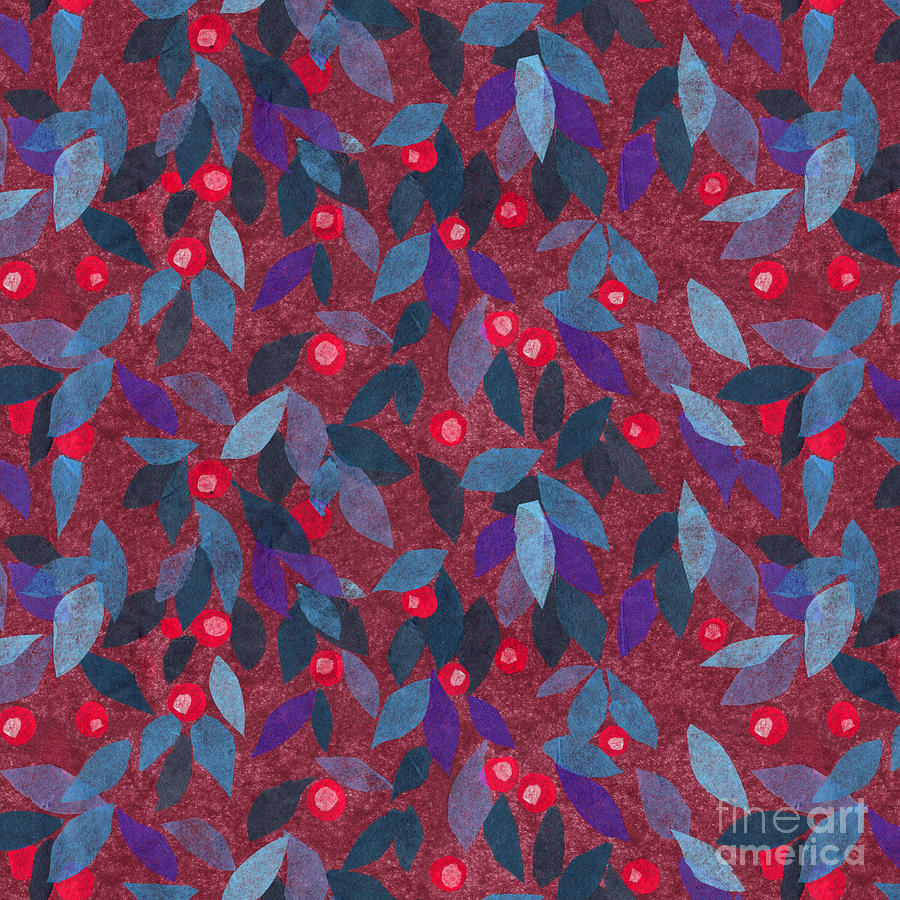 Red Berries Blue Leaves Floral Pattern Digital Art by Julia Khoroshikh