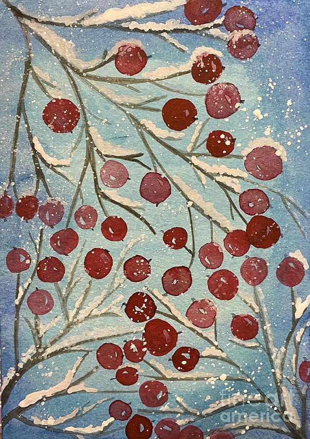 Red Berries in Snow Painting by Lisa Neuman