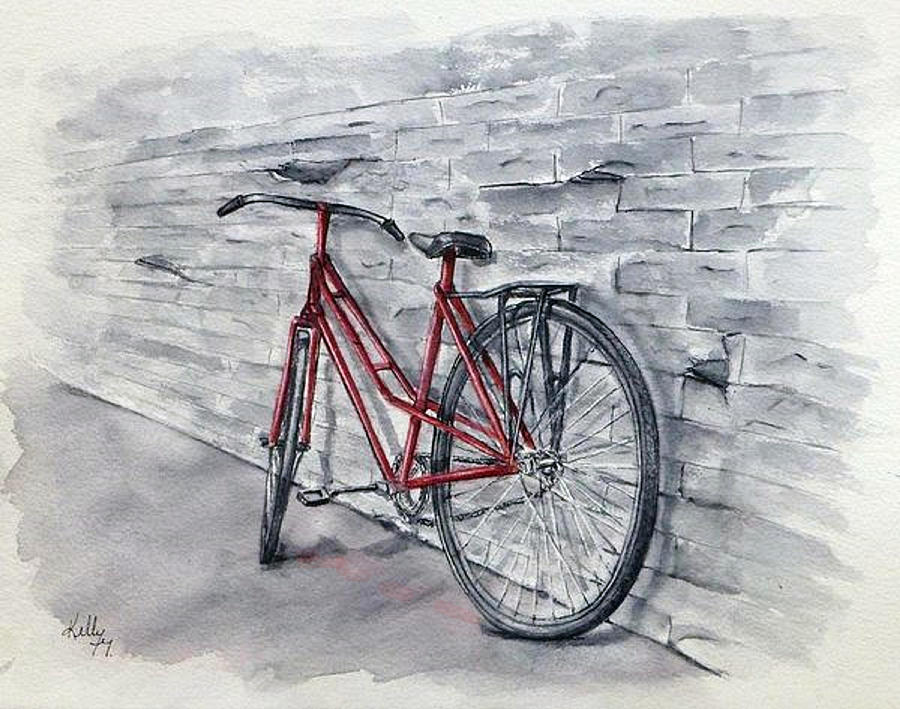 Red Bicycle Painting by Kelly Mills