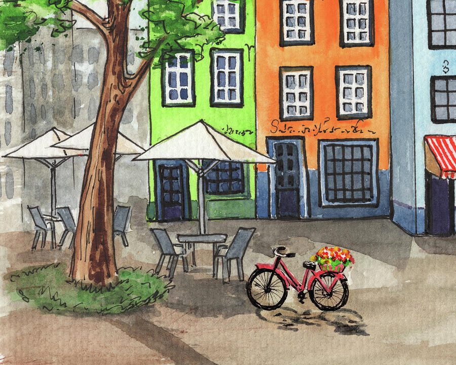 Red Bicycle Near Cafe Cute European Town Square Painting by Irina Sztukowski