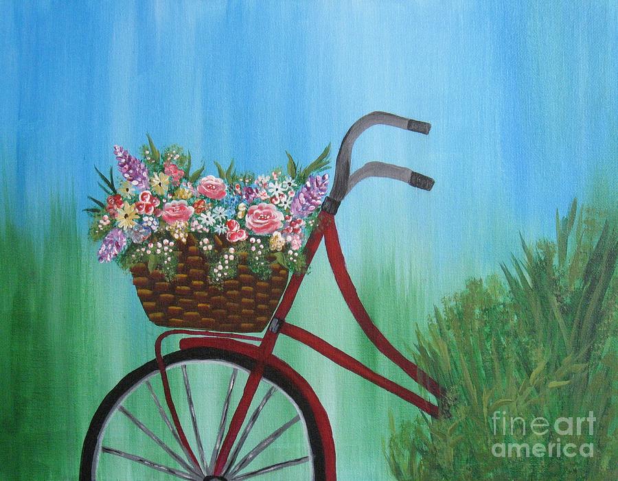 Red bicycle with Basket of flower s # 1 Painting by Jennifer K Henry ...