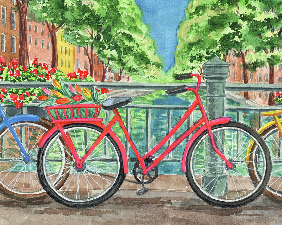 Bicycle Painting - Red Bicycle With Basket Of Tulips On The Bridge  by Irina Sztukowski
