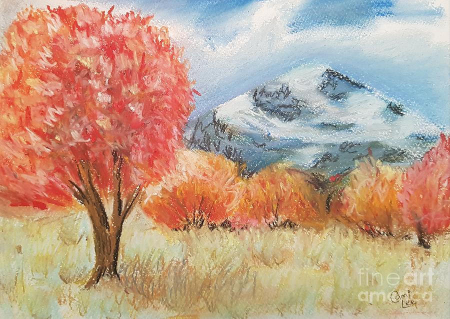 Red Big Tooth Maples Against a Mountain Backdrop  Pastel by Cami Lee