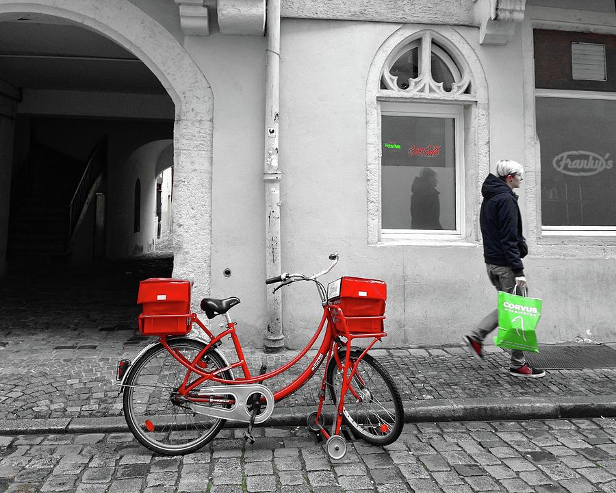 Red Bike, Green Bag Photograph